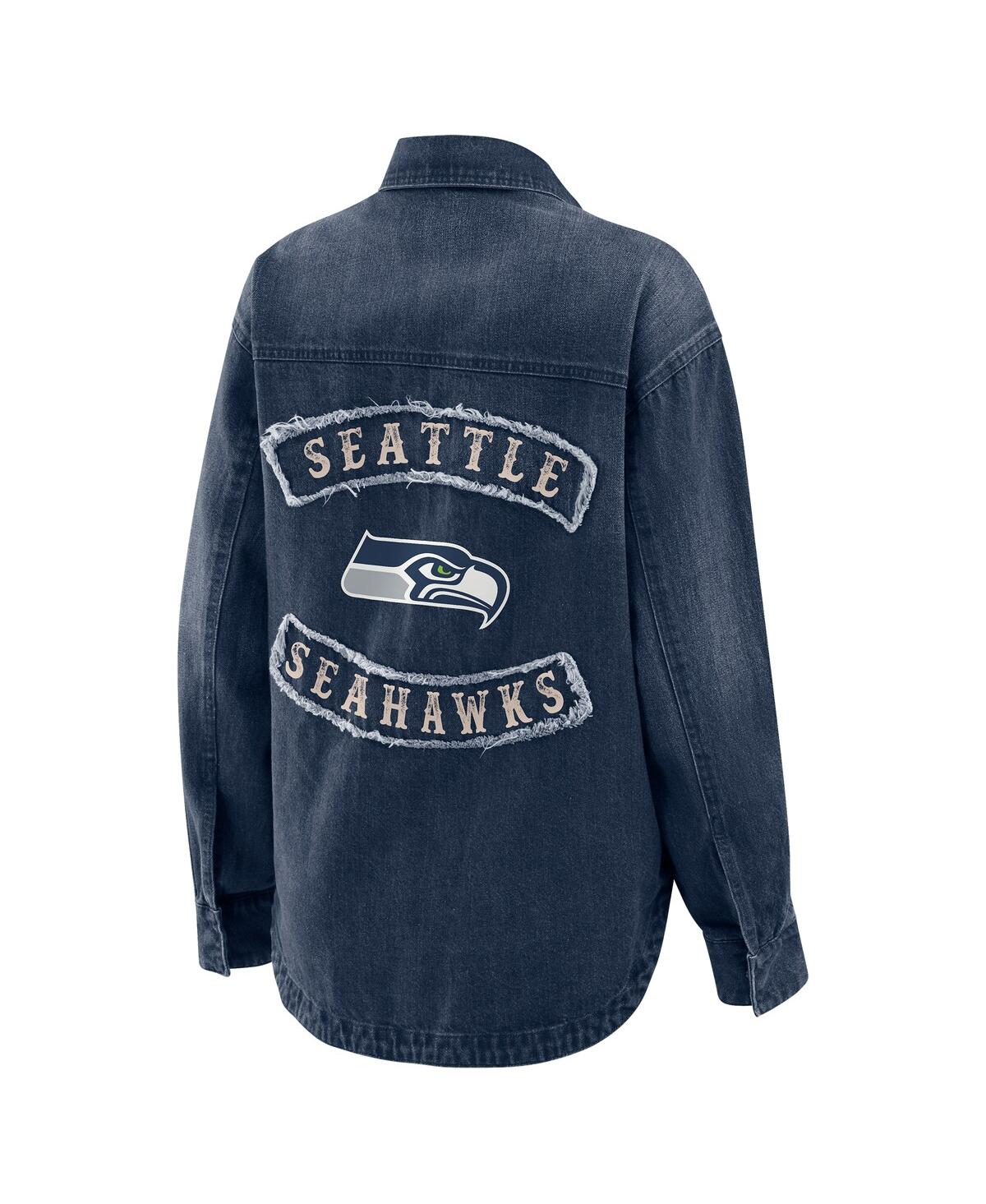 Wear By Erin Andrews Women's Denim Seattle Seahawks Washed Oversized Denim Full-snap Shacket In Blue