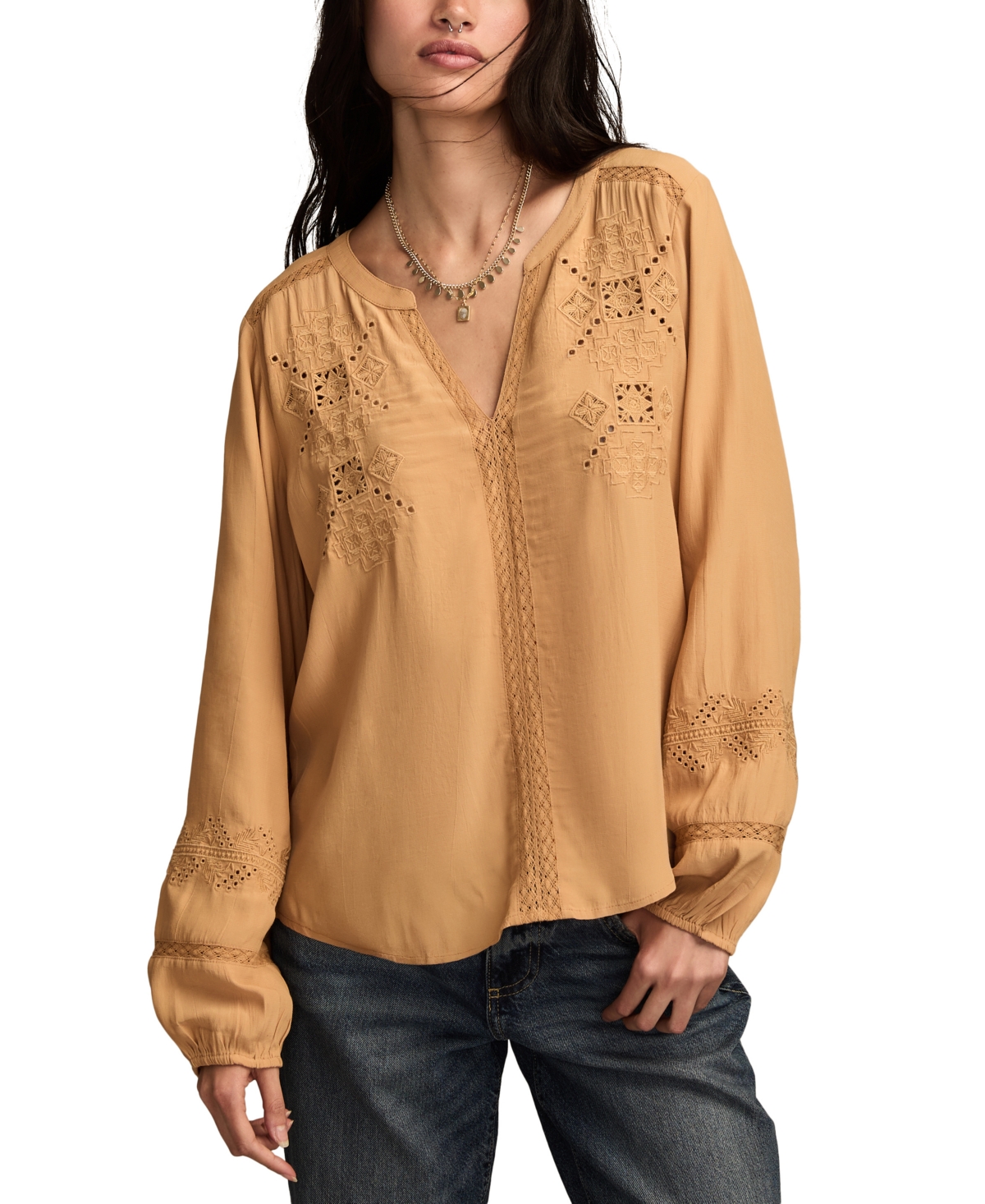 Lucky Brand Women's Embroidered Peasant Long Sleeve Top