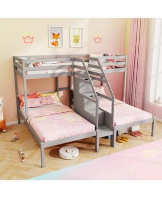 Wooden Twin Over Twin & Twin Bunk Bed w/ 4-Step Storage Staircase Guardrail