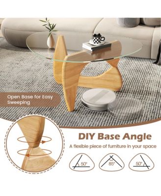 Triangle Coffee Table with Tempered Glass Top & Adjustable Rubber Wood Base