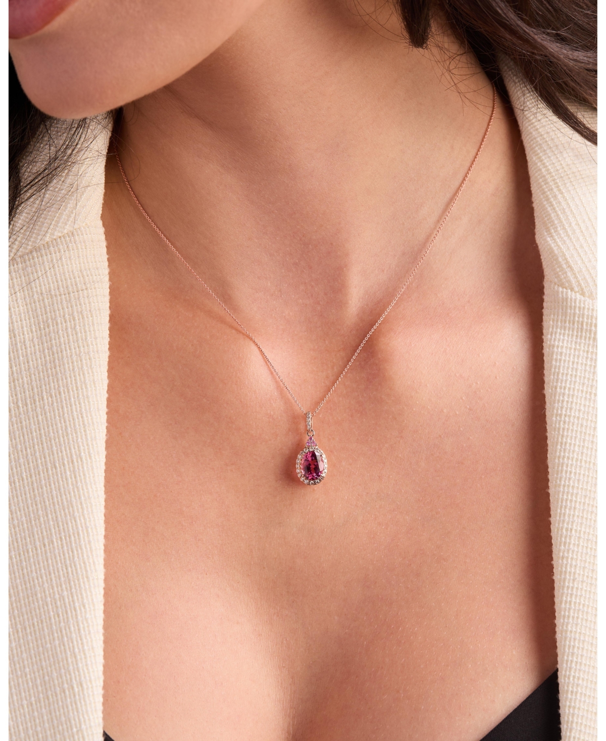 Le Vian Passion Fruit Tourmaline (1-1/2 ct. t.w.), Bubble Gum Pink Sapphire (1/20 ct. t.w.), & Nude Diamond (1/6 ct. t.w.) Halo Adjustable 20" Pendant