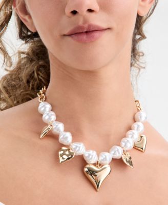 Heart Charm Imitation Pearl Beaded Statement Necklace, 16" + 3" extender, Macy's Exclusive