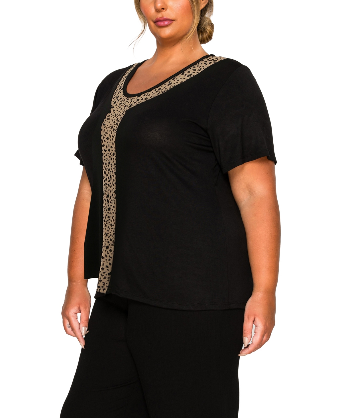 Coin 1804 Plus Size Pebble Mesh Inset Short Sleeve Top In Black
