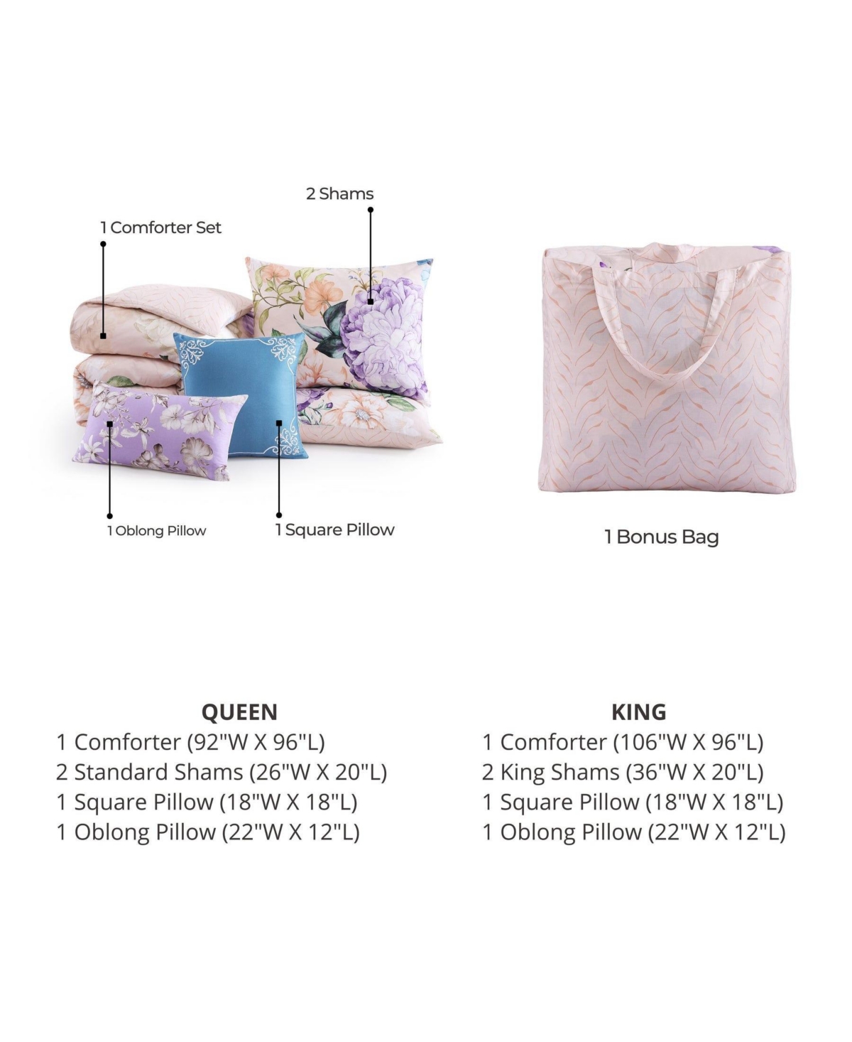 Bebejan Bright Bouquet Bedding 100% Cotton Sateen 5 Piece Queen Size Reversible Comforter Set