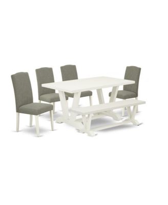6-Piece Table Dining Set-Dark Shitake Linen Fabric Seat and Stylish Chair Back Kitchen chairs, A Bench and Rectangular Table