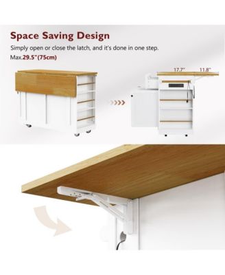48'' Farmhouse-Style White Kitchen Island Cart with Foldable Countertop, Power Strip, 5 Side Racks, and Drawers