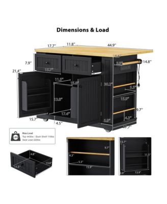 48'' Farmhouse-Style White Kitchen Island Cart with Foldable Countertop, Power Strip, 5 Side Racks, and Drawers