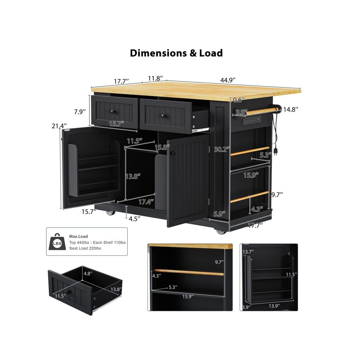 Maison Boucle 48'' Farmhouse-Style White Kitchen Island Cart with Foldable Countertop, Power Strip, 5 Side Racks, and Drawers-Maison