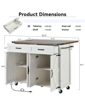 47.2" Farmhouse Rolling Kitchen Island Cart with Drop Leaf, Power Outlet, Spice Rack, Drawers & Storage Cabinet