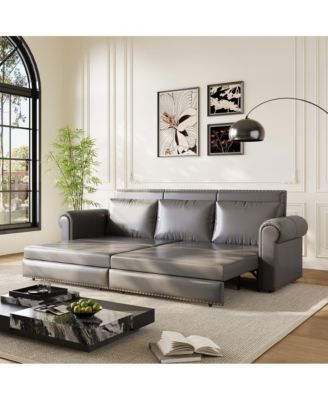 93.7" Faux Leather King Pull Out Sofa Bed, 3-in-1 Convertible Sleeper Couch with Rolled Arms & Nailhead Trim for Living Room