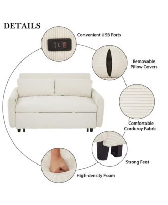 57.48" Pull Out Sleeper Loveseat, Convertible Sofa Bed with USB Ports & Adjustable Backrest for Small Spaces