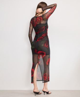 Women's Mesh Ruched Long Sleeve Maxi Dress, Regular and Plus Size