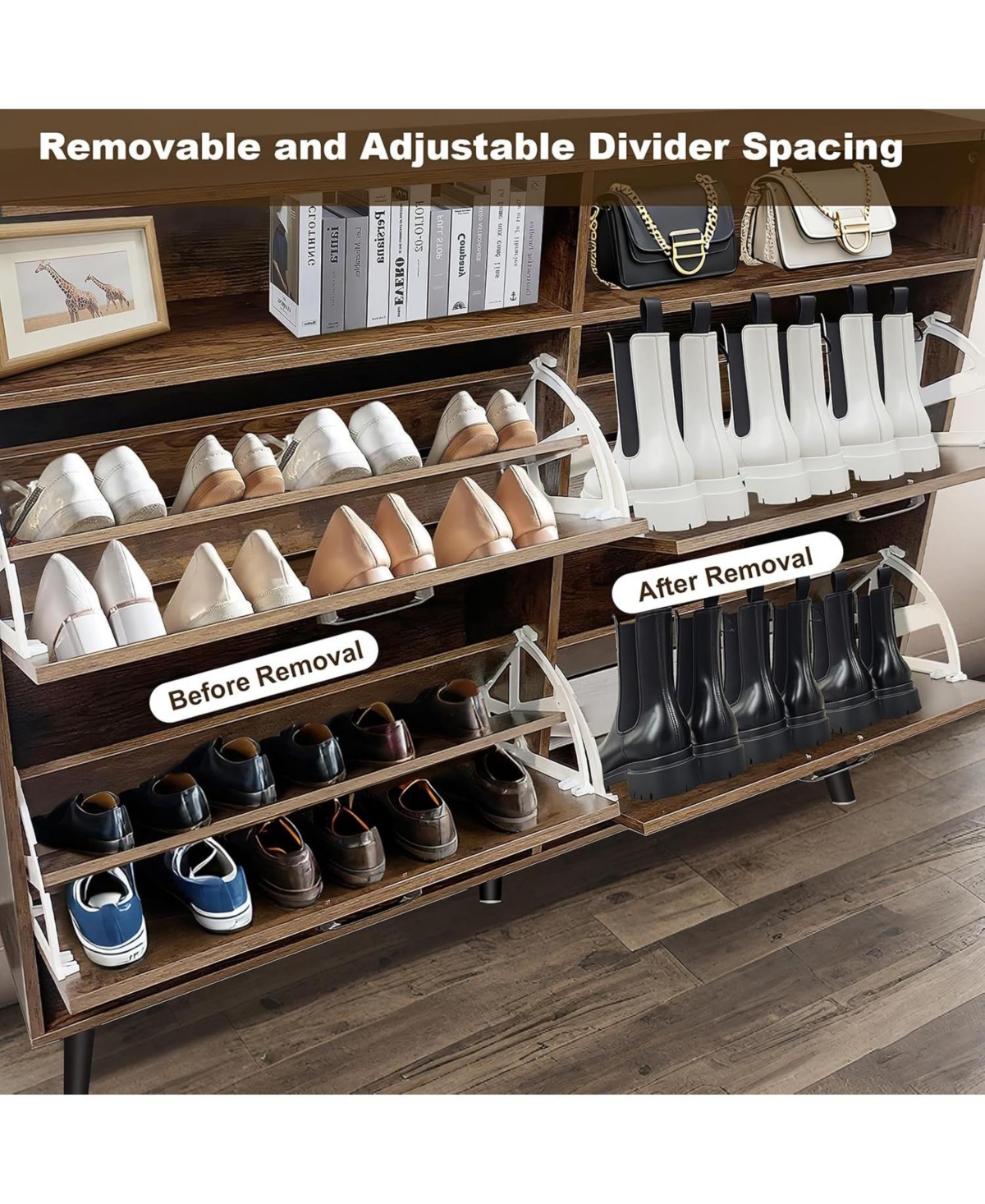 gaomon Shoe Storage Cabinet with 4 Flip Drawers and Open Storage, Freestanding Narrow Shoe Rack Cabinet for Entryway, Hallway, Living Room, Dark Brown