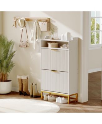 Narrow Shoe Cabinet Storage for Entryway, Modern Fluted Shoe Rack Organizer with 2 Flip Drawers and an Open Shelf for Hallway, Living Room, White