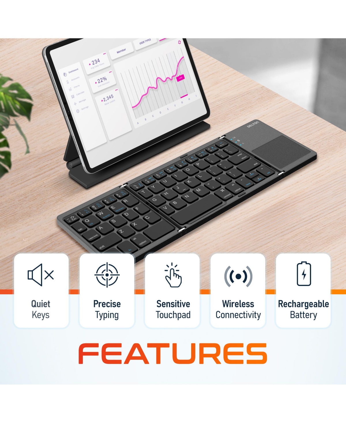 Delton F75 Portable Foldable Bluetooth Keyboard with Sensitive Touchpad (DKBF75)