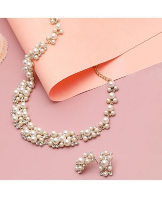 Women's White Pearl Cluster Necklace And Earrings (7-8 mm) (Set Of 2)