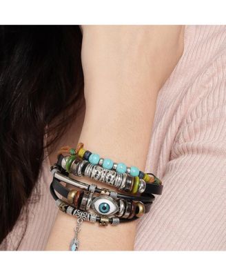 Women's Black  Boho Leather Stack Bracelet