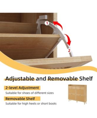 Shoe Cabinet Storage with 4 Flip Drawers, Rattan Narrow Shoe Rack Cabinet Storage for Entryway Hallway Living Room Closet, Nature Oak