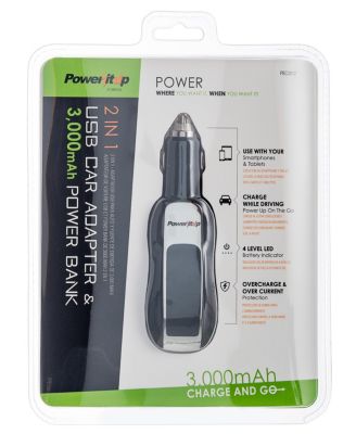 2-in-1 USB Car Adapter & 3,000 mAh Power Bank