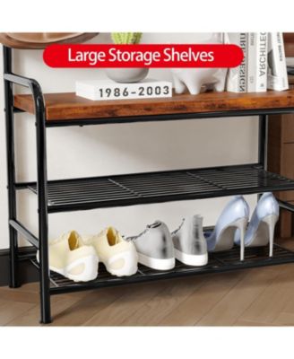 Hall Tree Shoe Bench, 4-in-1 Industrial Entryway Storage Bench with 8 Sturdy Hooks, Freestanding Coat Rack for Small Spaces, Apartments, Retro Brown