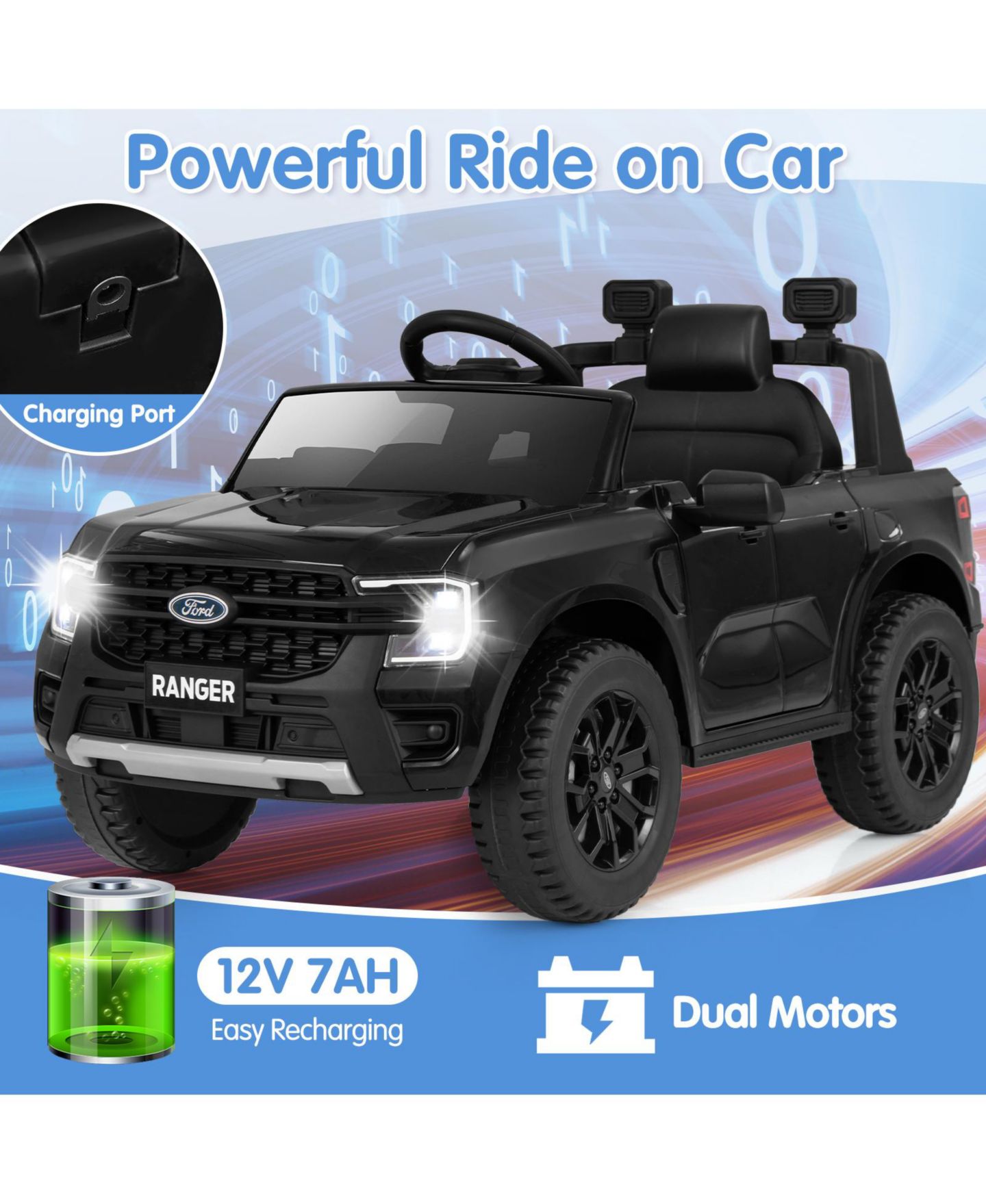 Детская игрушка HONGGE Licensed Ford Ranger 41.5"L x 25"W x 24"H 12V Remote Control Ride-On Car, 1-Seat, Ages 3-7, цвет: Чёрный — фото 6