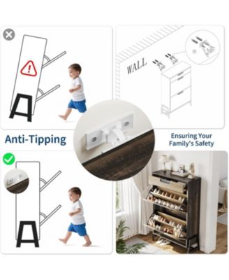 Shoe Storage Organizer with 2 Flip Drawers and 1 Drawer, Freestanding Narrow Shoe Rack, Shoe Storage Organizer with 3-Tier Adjustable Shelves, Oak