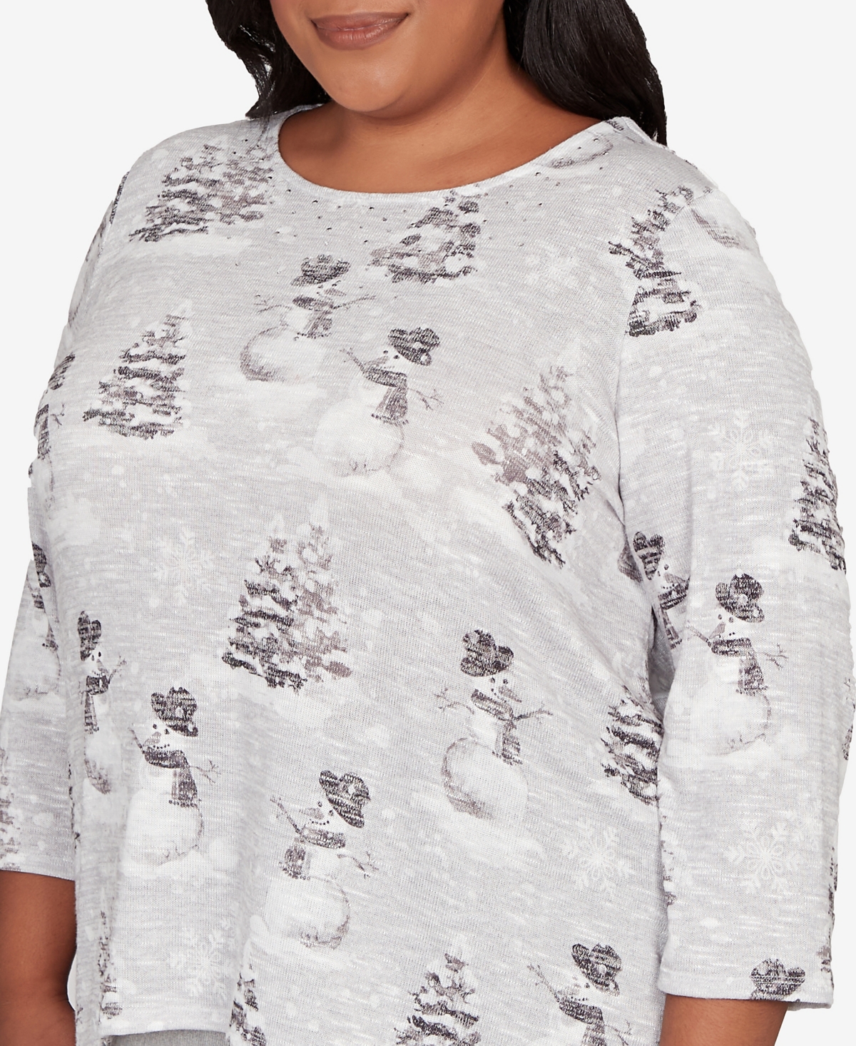 Alfred Dunner Plus Size Stockbridge Playful Snowmen Scene Knit Top In Gray