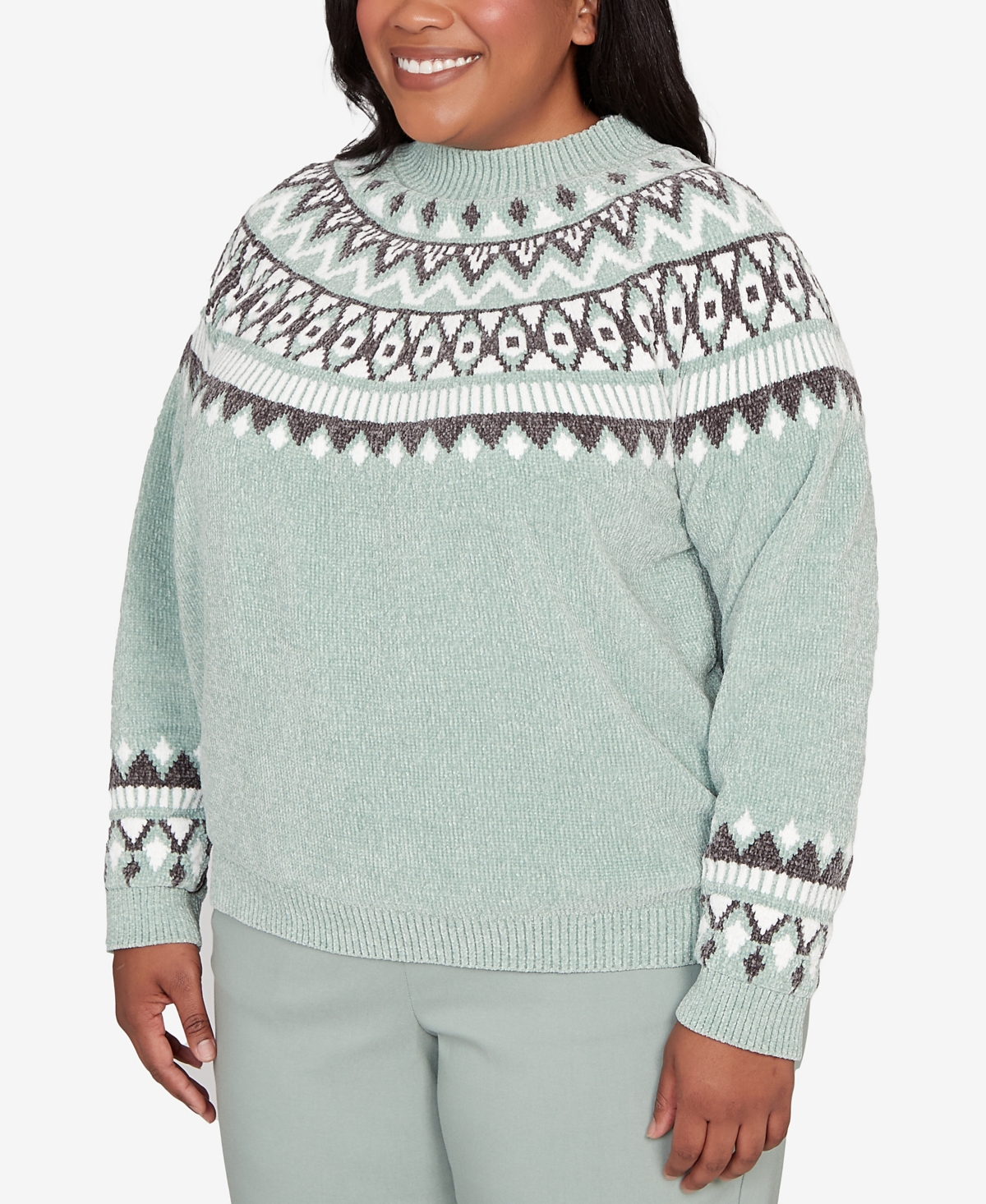 Alfred Dunner Plus Size Stockbridge Fair Isle Pattern Chenille Sweater In Green