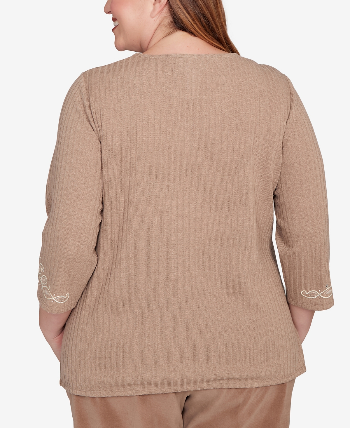 Alfred Dunner Plus Size Vienna Embroidered Medallion Center Knit Top In Brown