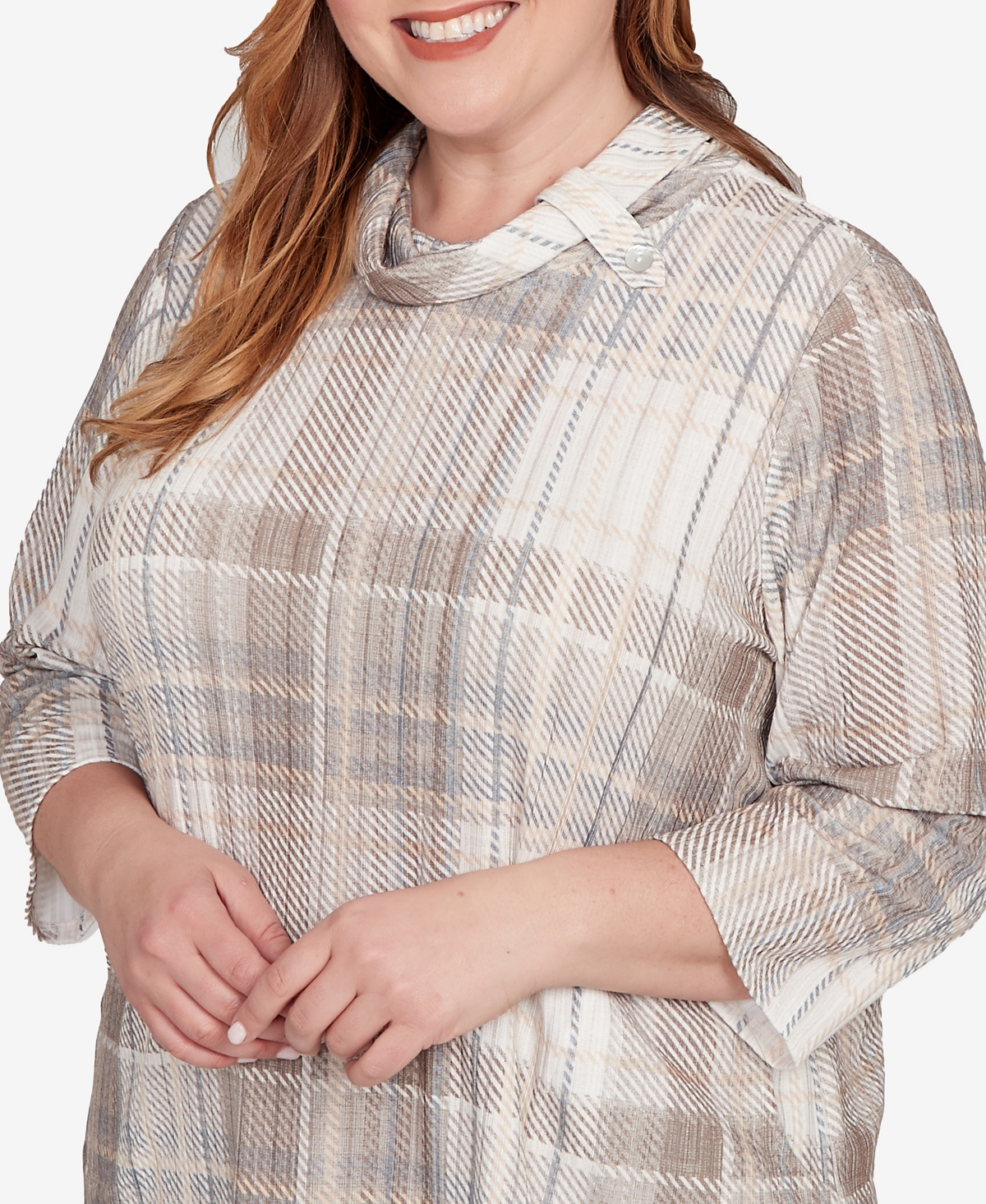 Alfred Dunner Plus Size Vienna Draped Cowl Neckline Plaid Knit Top In Multi