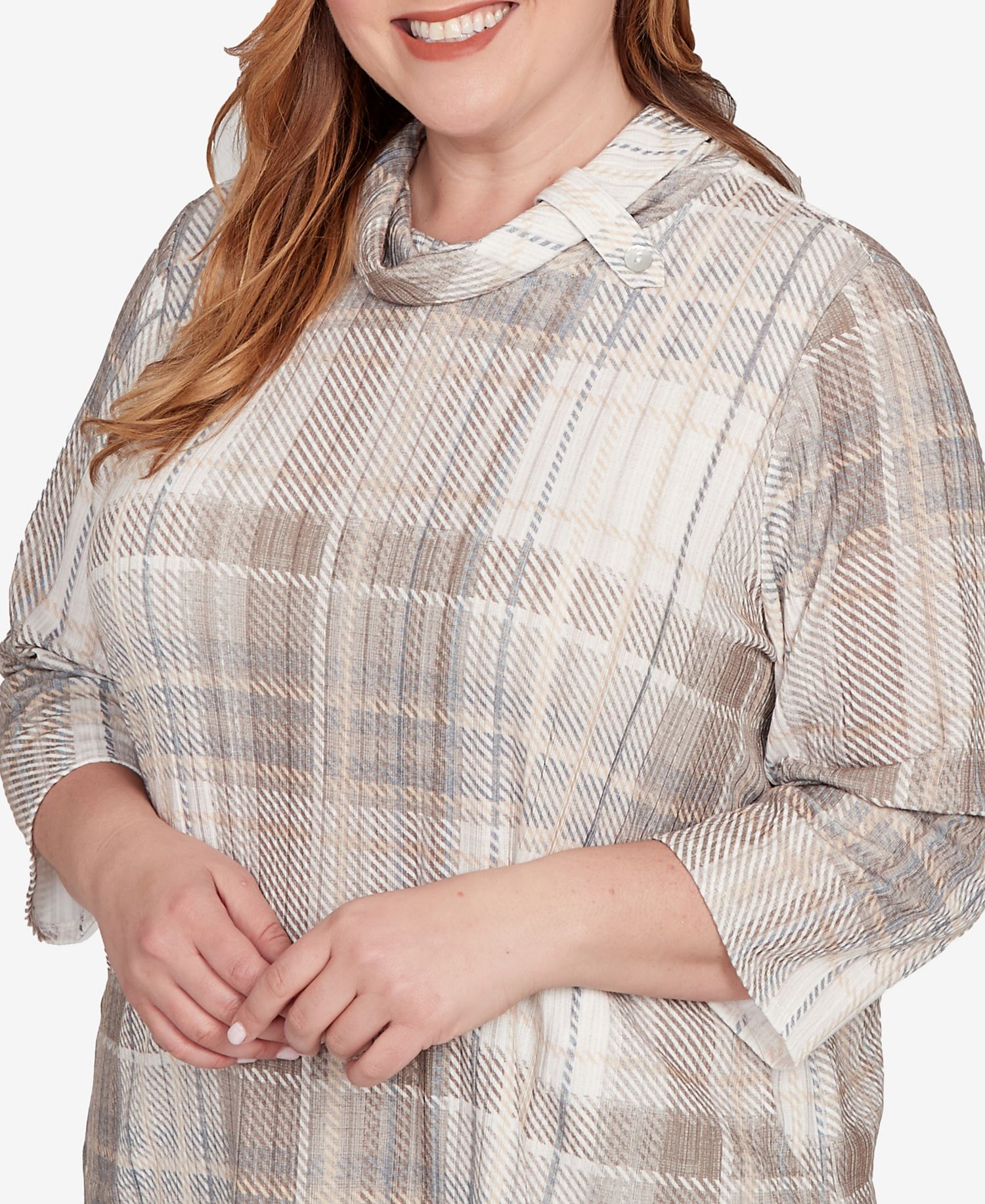 Plus Size Vienna Draped Cowl Neckline Plaid Knit Top