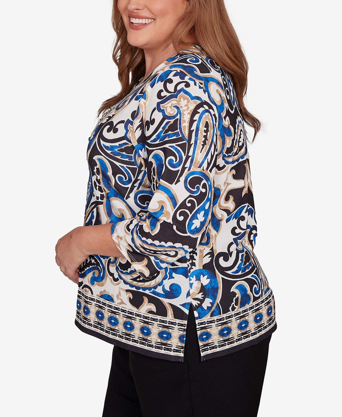 Alfred Dunner Plus Size Barcelona Paisley Knit Top With Necklace In Animal Print