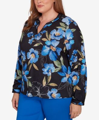 Plus Size Barcelona Watercolor Floral Velvet Trim Top