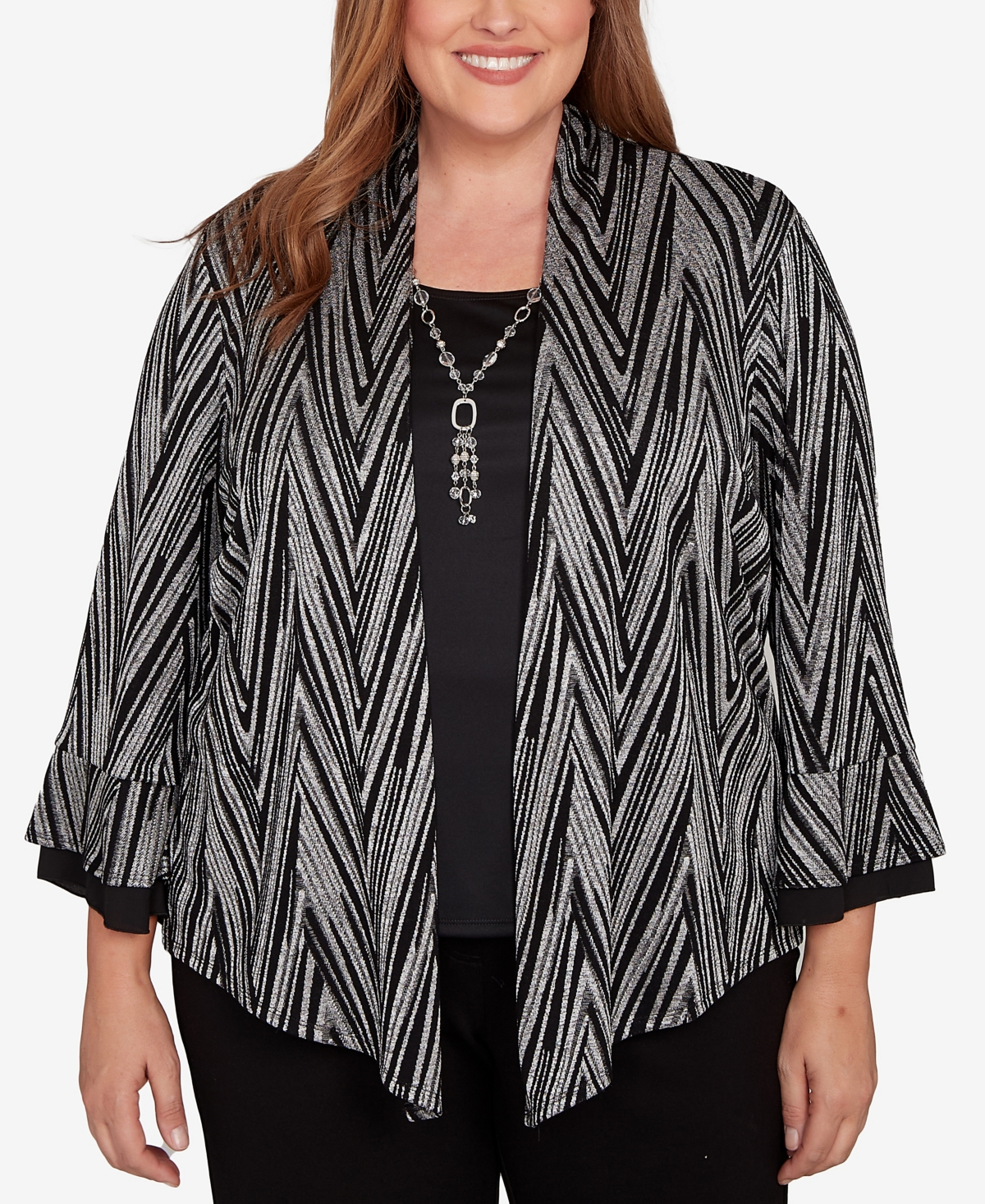 Alfred Dunner Plus Size Barcelona Metallic Chevron Two In One Top With Necklace In Multi