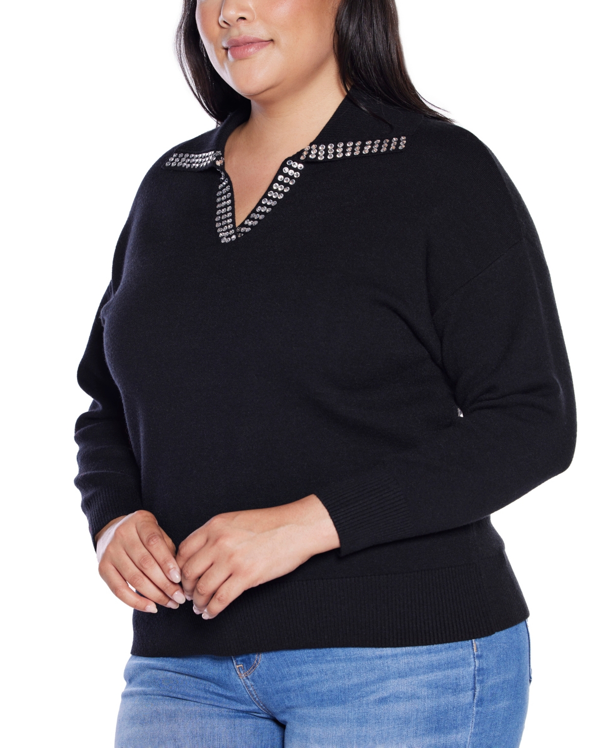 Belldini Plus Size Rhinestone-trimmed Split-neck Sweater In Black
