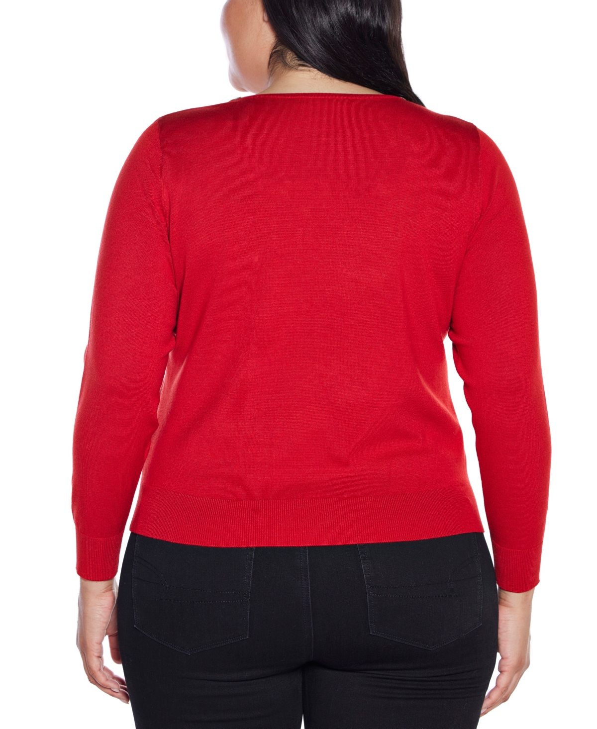Belldini Plus Size Women's Embellished Keyhole Crew Neck Sweater In Red