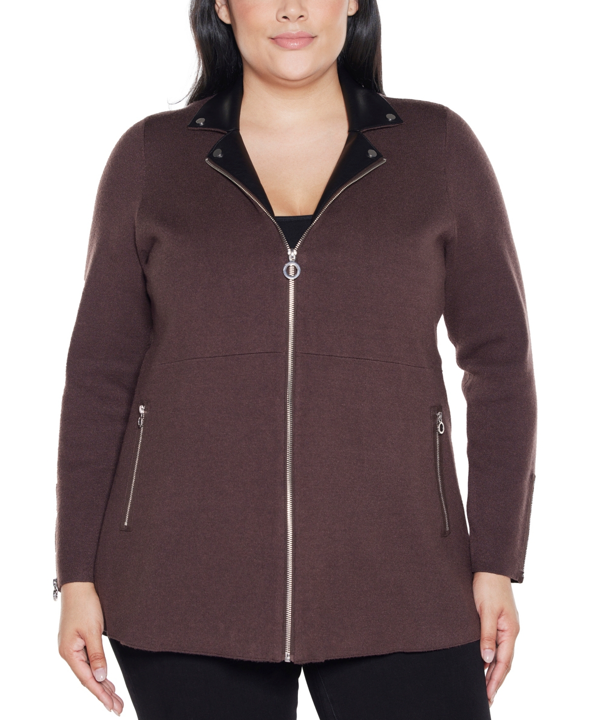 Belldini Plus Size Black Label Collared Sweater Jacket In Burgundy