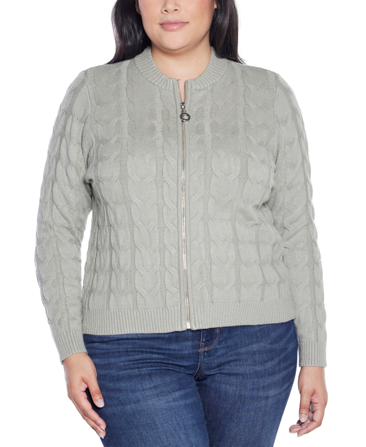 Belldini Plus Size Black Label Zip Cable Sweater In Gray