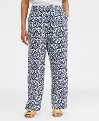 Women's 100% Linen Tile Pull-On Wide-Leg Pants, Macy's Exclusive