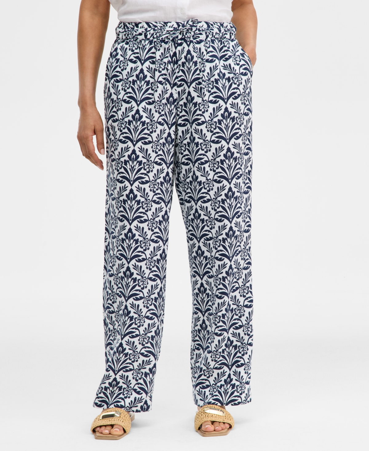 Charter Club Women's 100% Linen Tile Pull-On Wide-Leg Pants, Macy's Exclusive