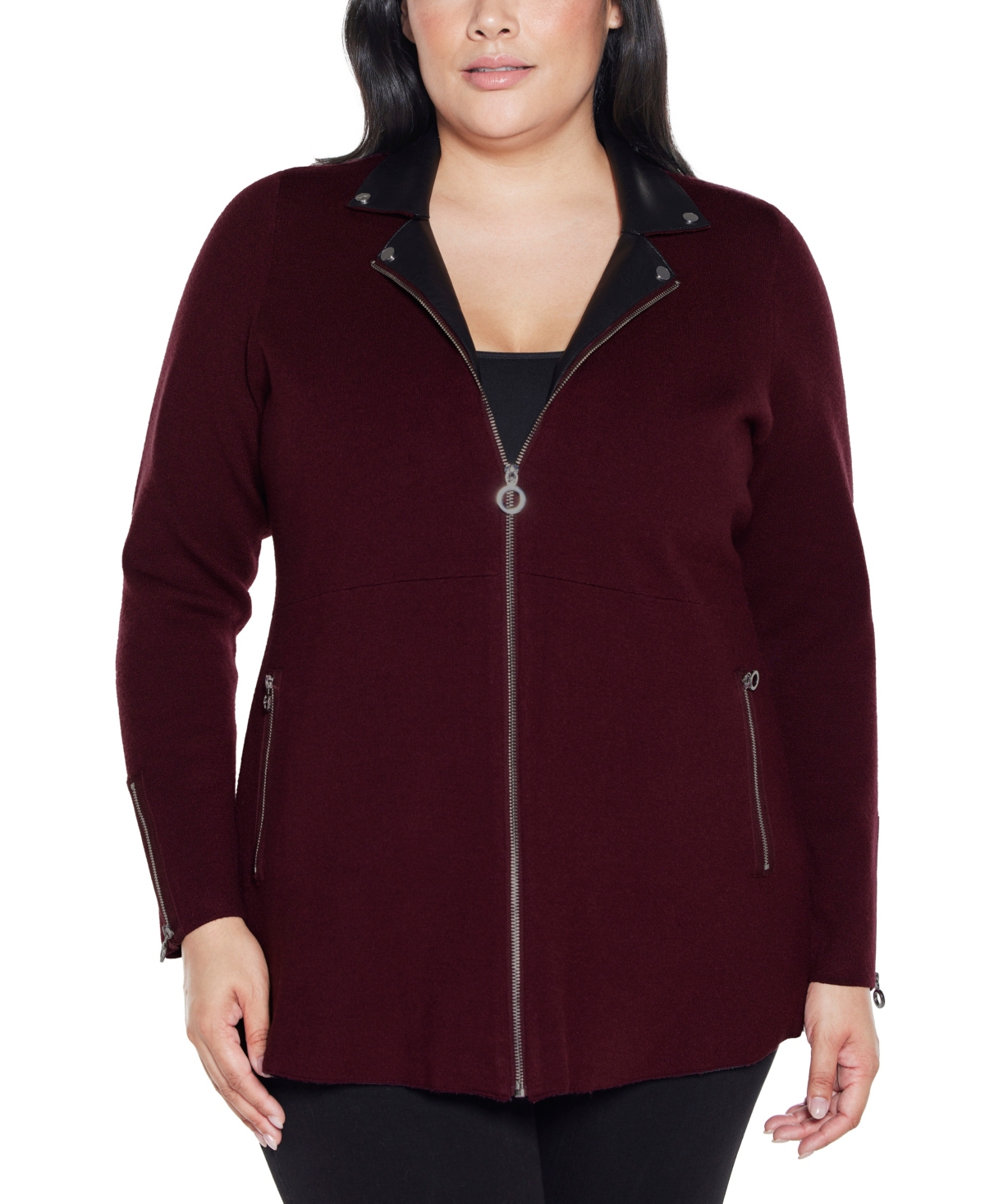 Belldini Plus Size Black Label Collared Sweater Jacket In Burgundy