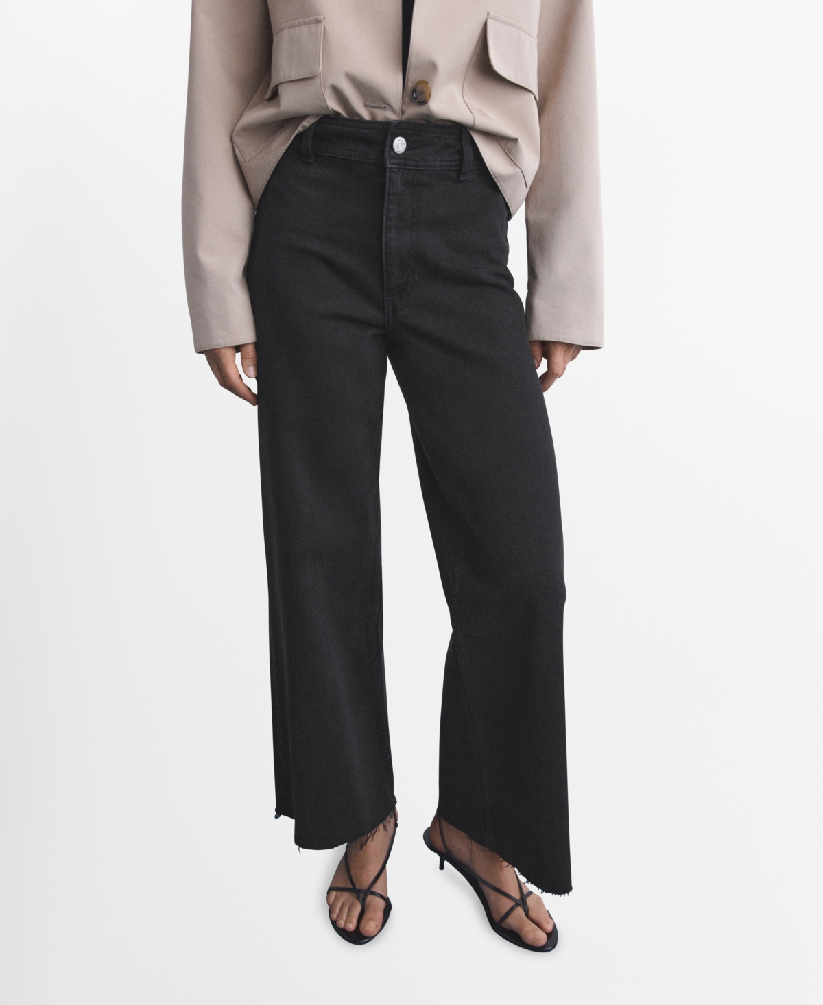Mango Catherin Frayed High Waist Wide Leg Culotte Jeans In Black