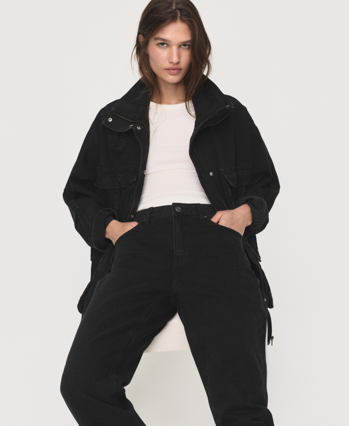 Mango Women's Pockets Oversized Denim Parka In Black