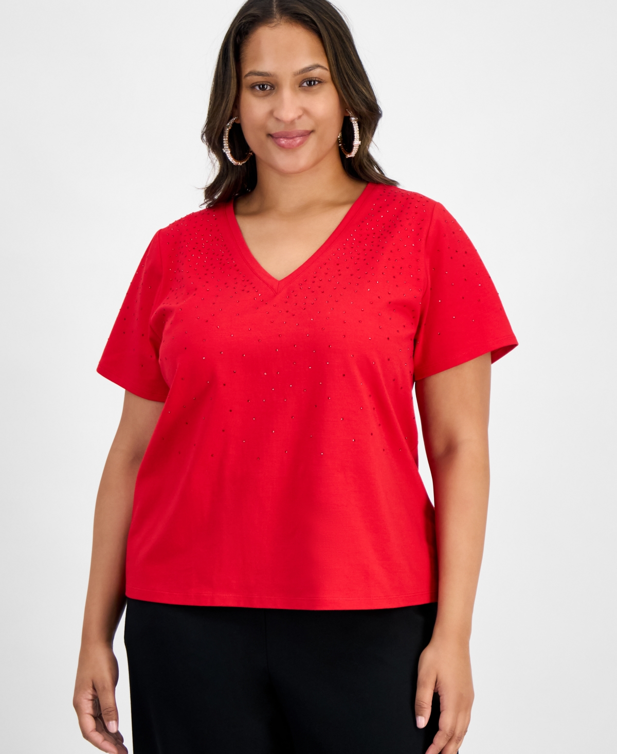 Inc International Concepts Plus Size V-neck Rhinestone-embellished Top, Macy's Exclusive In Red
