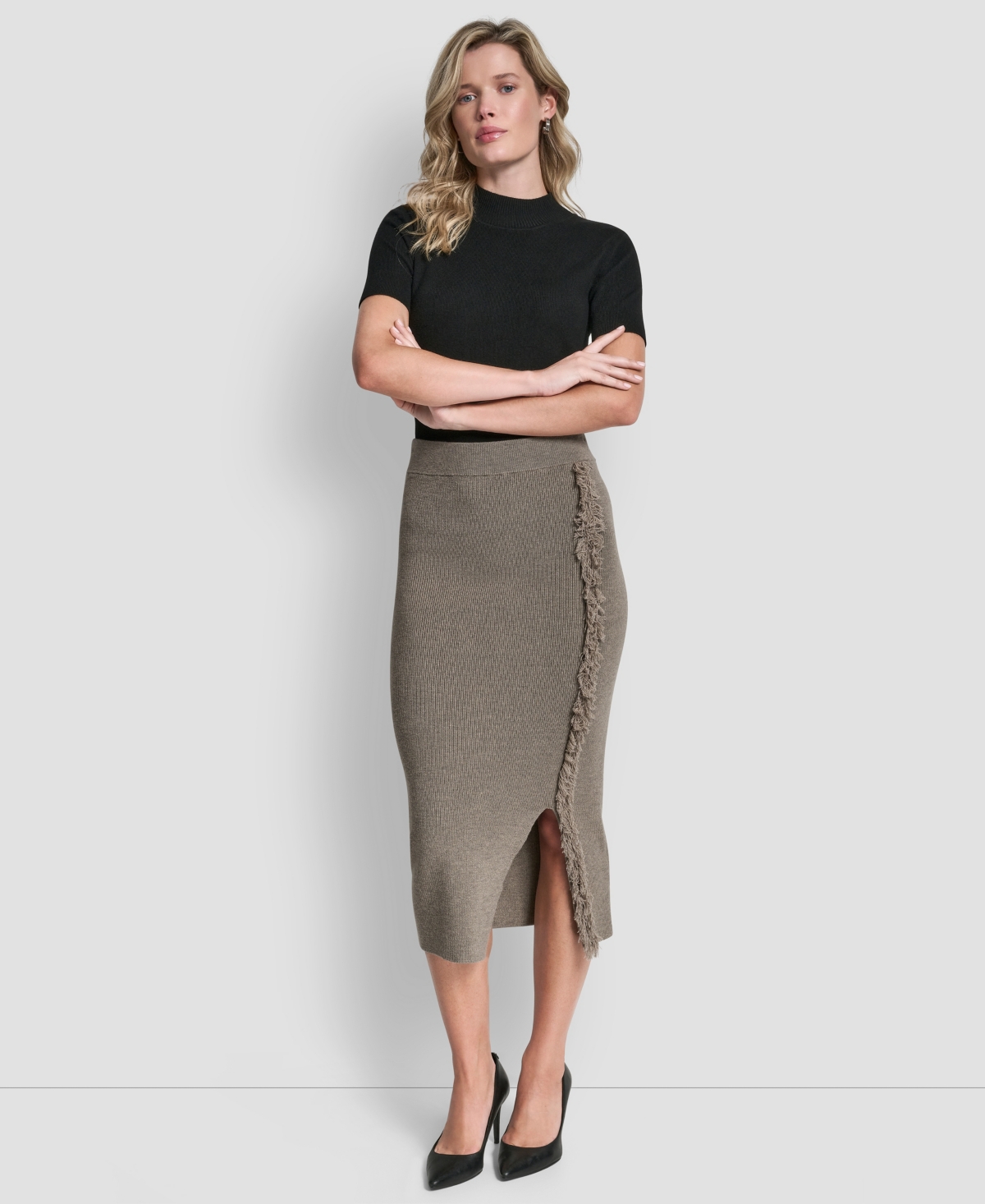 Dkny Women's Fringe Detail Bodycon Midi Sweater Skirt In Brown