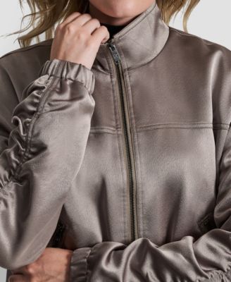 Women's Mock Neck Ruched Cropped Bomber Jacket