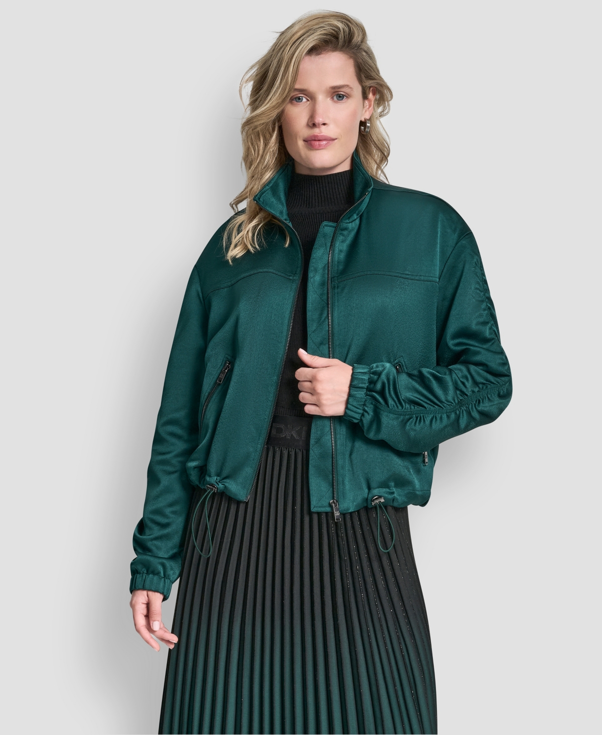 Dkny Women's Long Sleeve Ruched Cropped Bomber Jacket In Green