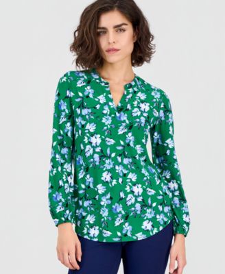 AK Anne Klein - Women's Printed Split-Neck Long-Sleeve Top