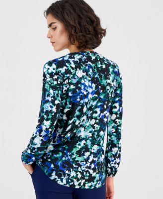 Women's Printed Split-Neck Long-Sleeve Top