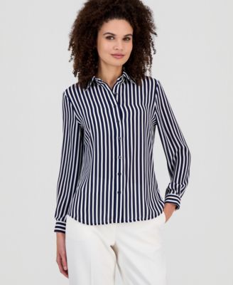 AK Anne Klein - Petite Stripe Button-Front Slim-Fit Shirt